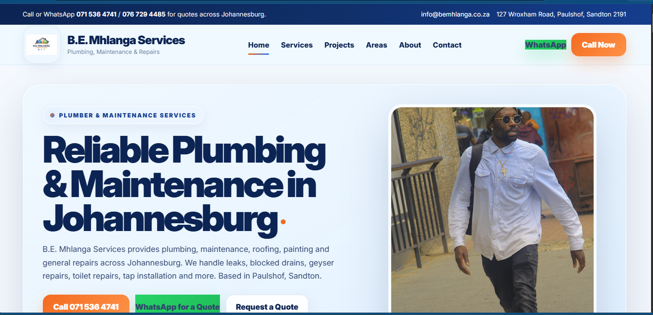 B.E. Mhlanga Services business website by SMK Web Design — designed by Stopher Malik