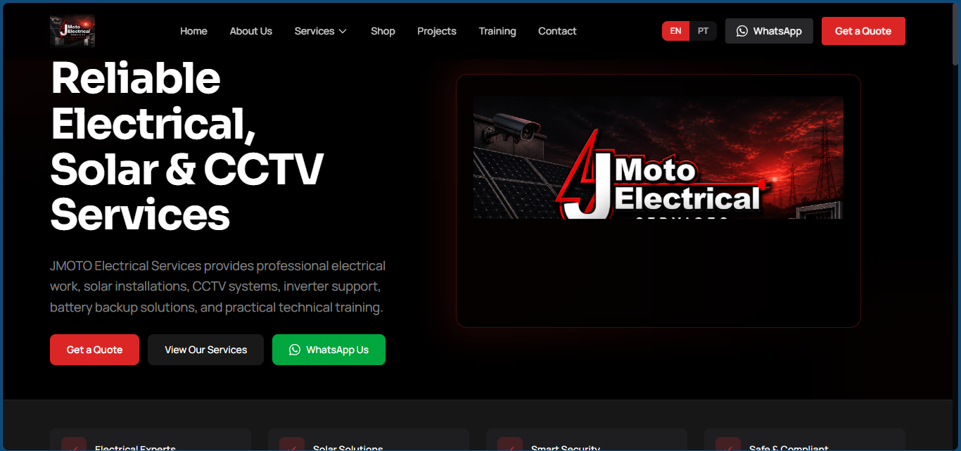 JMOTO Electrical services website by SMK Web Design — designed by Stopher Malik, South Africa