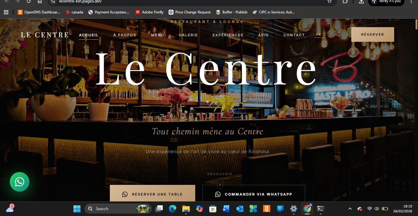 Le Centre restaurant and lounge website by SMK Web Design — Kinshasa, designed by Stopher Malik