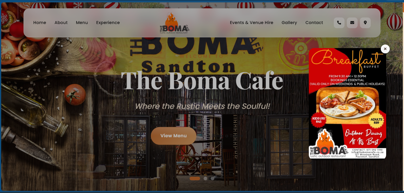 The Boma Café premium restaurant website by SMK Web Design — designed by Stopher Malik